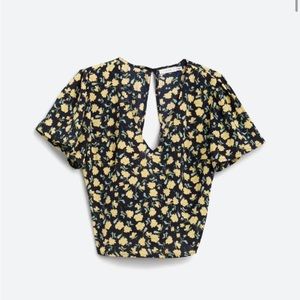 Yellow Floral Tie Back Crop Blouse